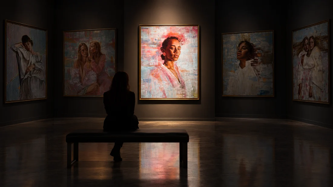 A seated visitor facing an illuminated portrait