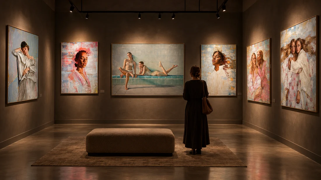 A visitor contemplating the portraits in the exhibition gallery